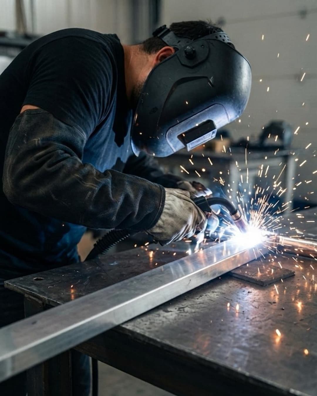 Welder working on a steel profile