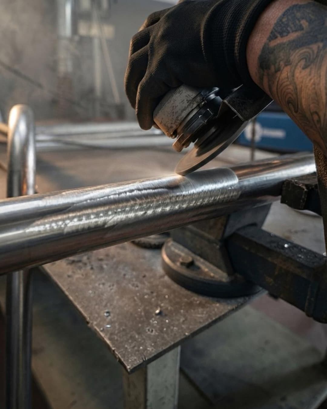 Finishing a welded pipe with an angle grinder