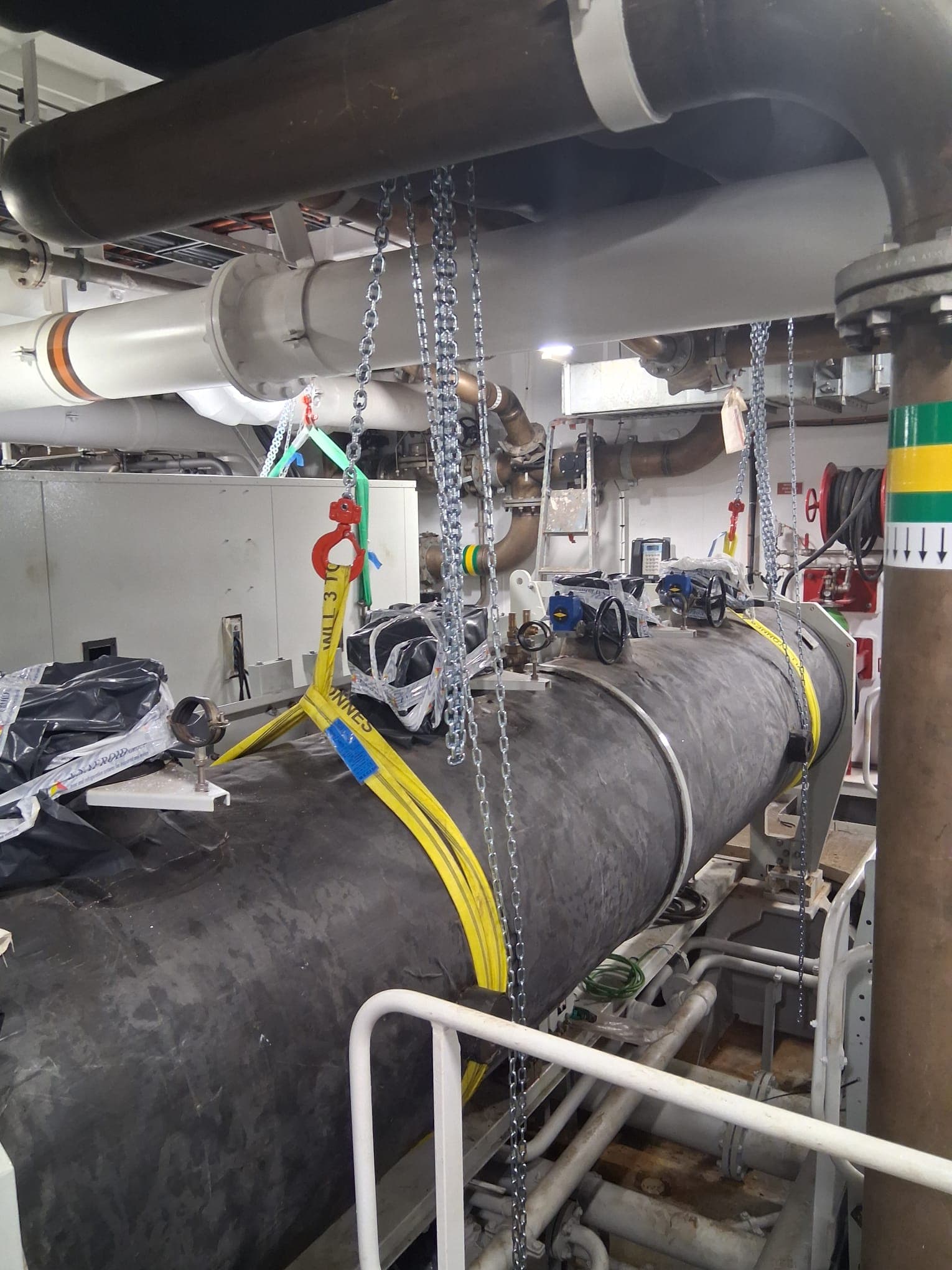 Chiller installation in the engine room on board