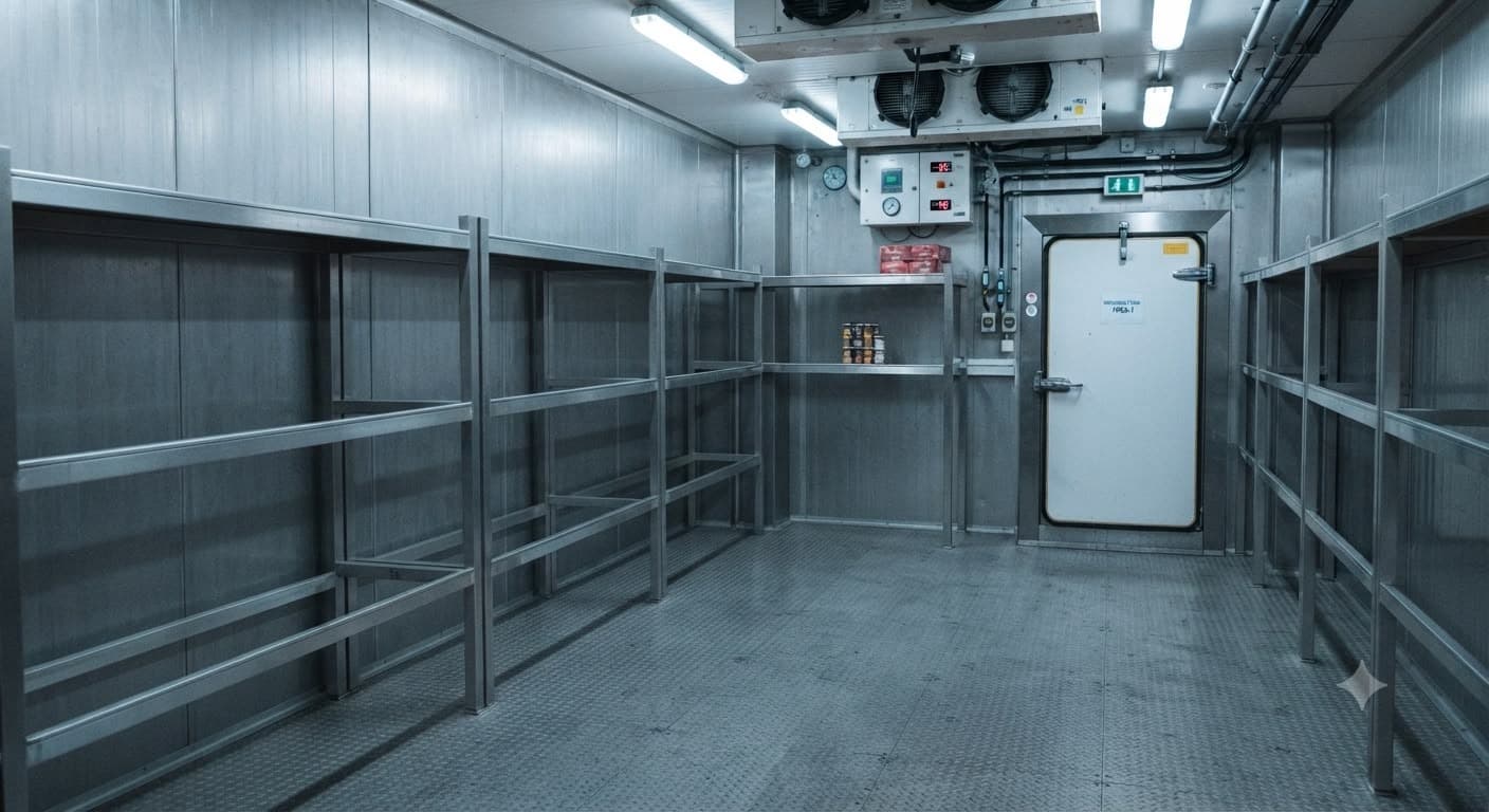 Interno di una cella frigo navale con scaffalature
