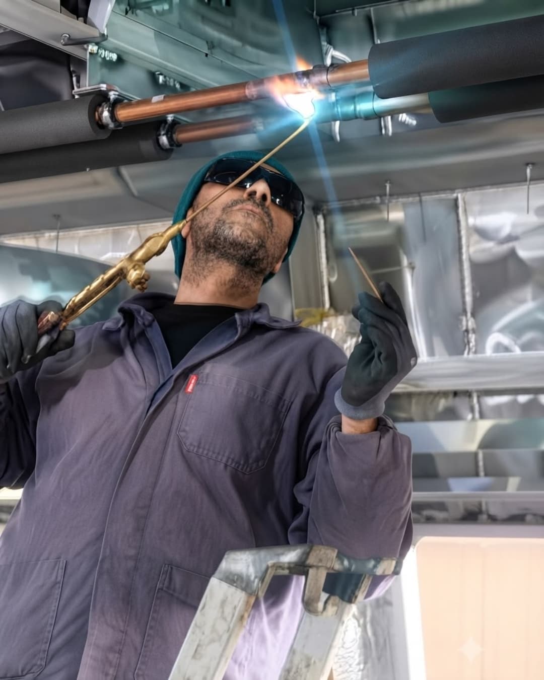 Operator oxy-acetylene welding a duct